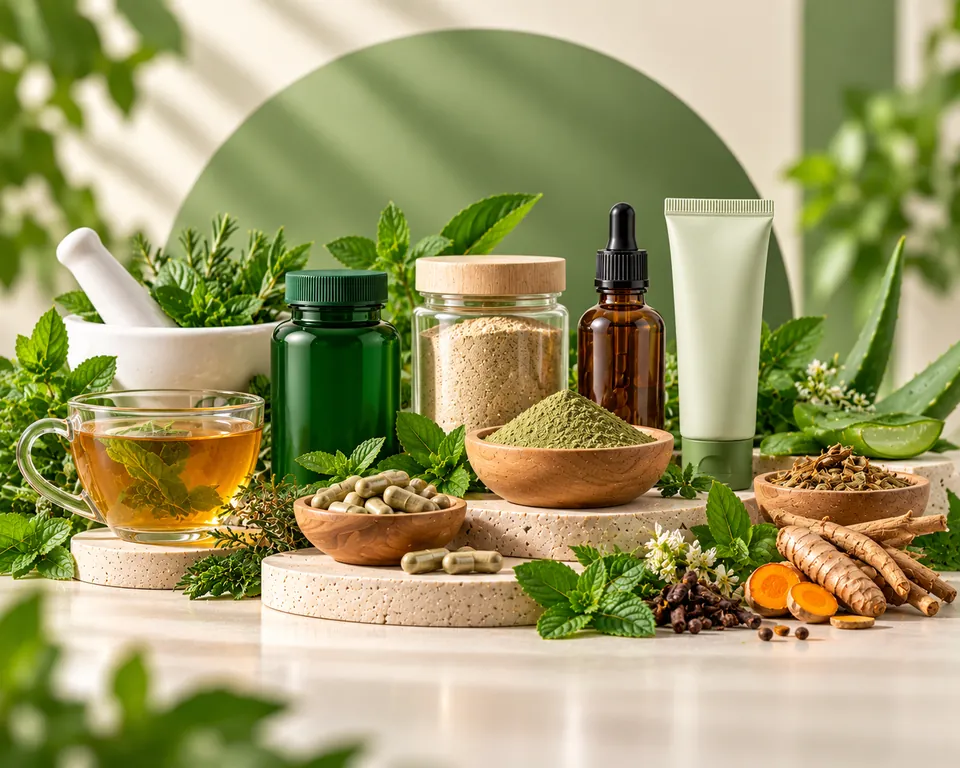 Herbal wellness products with botanical leaves
