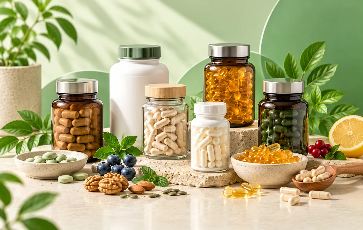 Dietary supplement bottles with natural ingredients
