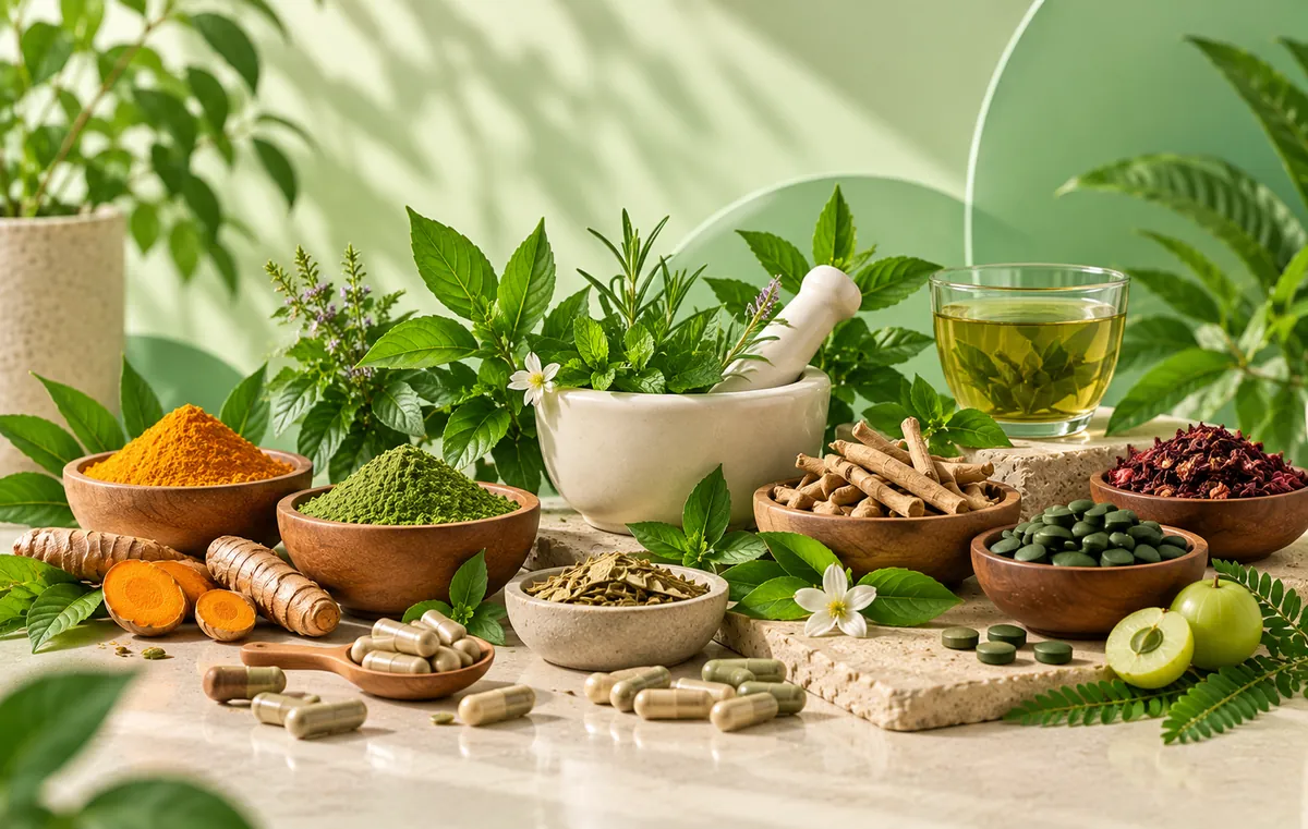 Herbal wellness products with botanical leaves